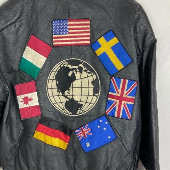 Vintage Wilsons 100% Leather Jacket World Flags Embroidered Patches Mens Coat XL - Picture 5 of 11